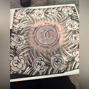 CHANEL Coco Mark Camellia Silk Scarf Mini Pink and Gray Logo Scarf - 48 x 48 cm